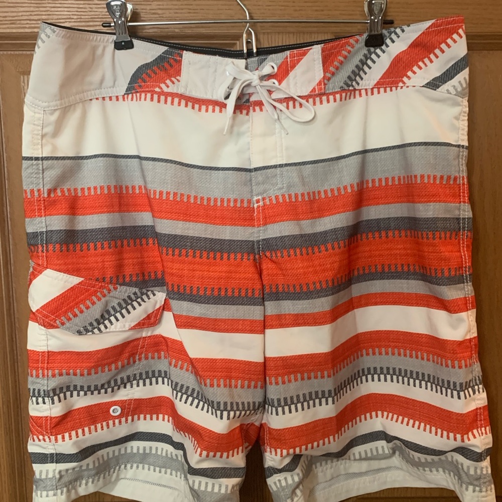Men's Striped Swim Shorts - Orange, Gray, and White